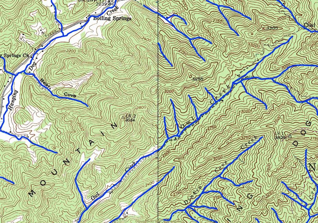 Contiguous USGS Maps Tributaries shown on one map and not the other Headwater stream