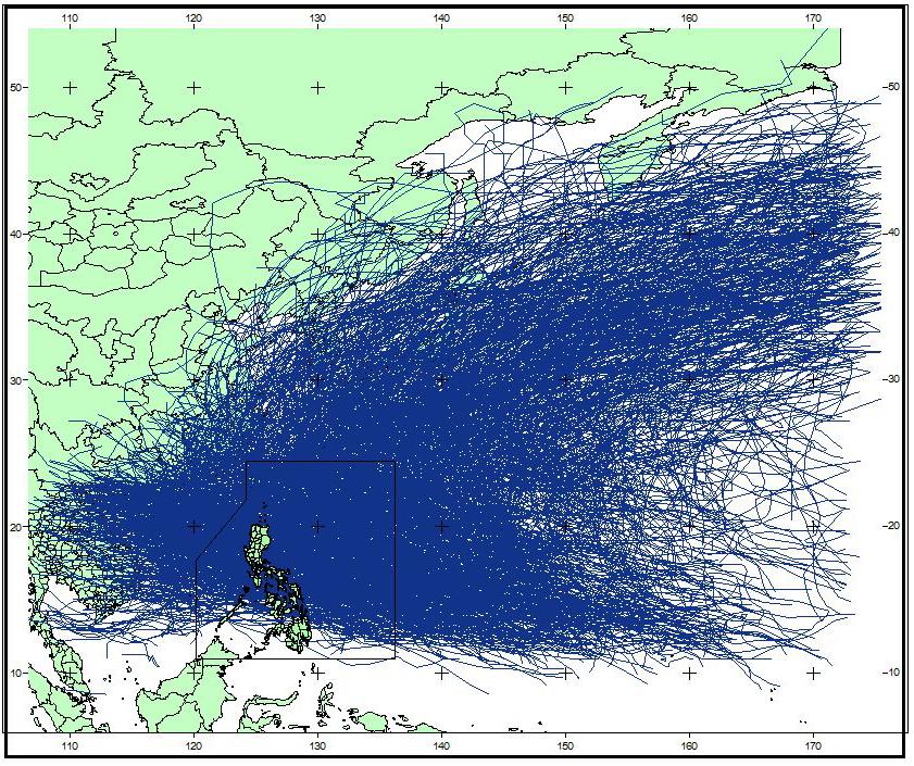 Tracks of Tropical Cyclones in the Western North Pacific Period: (1948 2010) Visited by an average 19 to 20 TYPHOONS EVERY YEAR Tracks of tropical cyclones that formed in