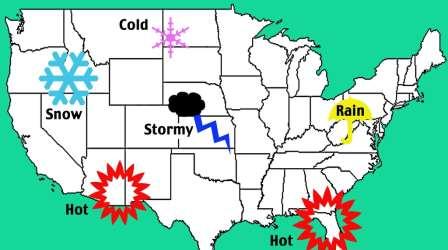 On the map below, draw the type of front (warm or cold) and pressure (high or low) that would be expected over the labeled areas. 2.