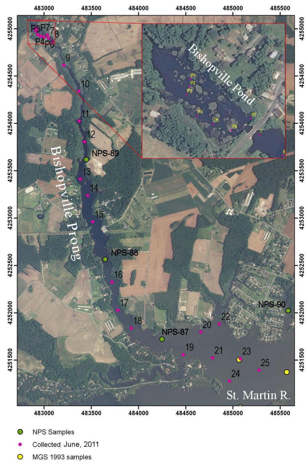Sediment Assessment Collected surficial sediment samples 7 samples in Bishopville Pond 20 samples in Bishopville Prong -mid-channel and at the mouth of the Prong Sample analyzed for: Textural/bulk