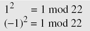 9.2.2 Continued Example 9.24 What are the square roots of 1 mod n if n is 22 (a composite)?