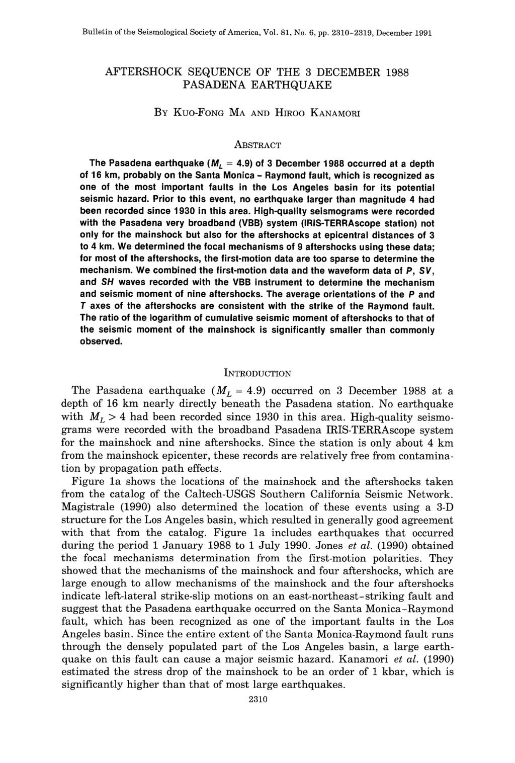 Bulletin of the Seismological Society of America, Vol. 81, No. 6, pp.