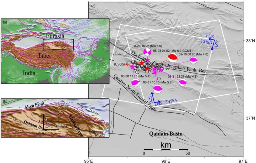 Sensors 2015, 15 16788 Figure 1. Regional tectonic setting of the 2009 Dachaidan Mw 6.3 earthquake. The rectangles in (a,b) are the spatial extents of (b,c), respectively.