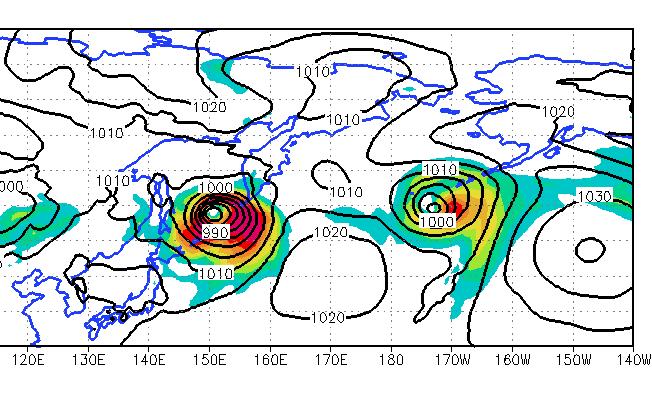 An example of low predictability of the downstream flow is seen for the ET of Typhoon Nabi (2005). The downstream system was weaker and located further west in the medium range forecast (Fig.