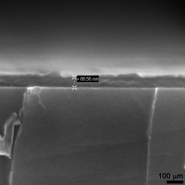 An edge-on view of the polymer film was taken by freeze-fracturing a photo-patterned polymer film on a silicon substrate.