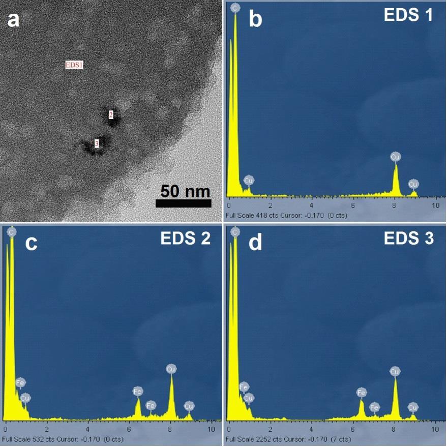 Intensity Figure S3. (a) TEM image of Fe-N/C-8, and (-d) EDS analyses on the corresponding areas indicated in panel (a).