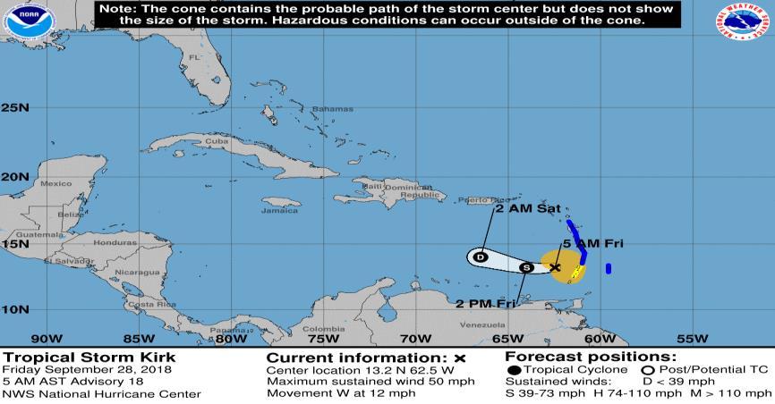 Tropical Outlook Atlantic Tropical Storm Kirk (Advisory #18 as of 5:00 a.m. EDT) 110 miles WSW of St.