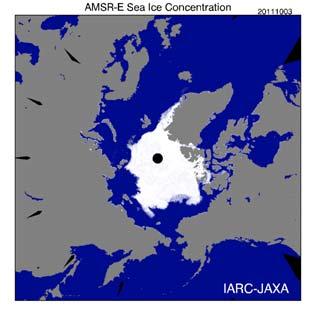 by using AMSR2 and its follow-on instruments, which will be on board second and third generation of GCOM-W series. Figure 4: Sea ice concentration extension observed by AMSR-E as of 3 October 2011.