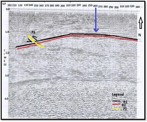 The main faults F1 and F2 are marked on the seismic sections which are detachment faults starting from Salt range Formation of Precambrian age and truncating in to Murree Formation of Miocene age.