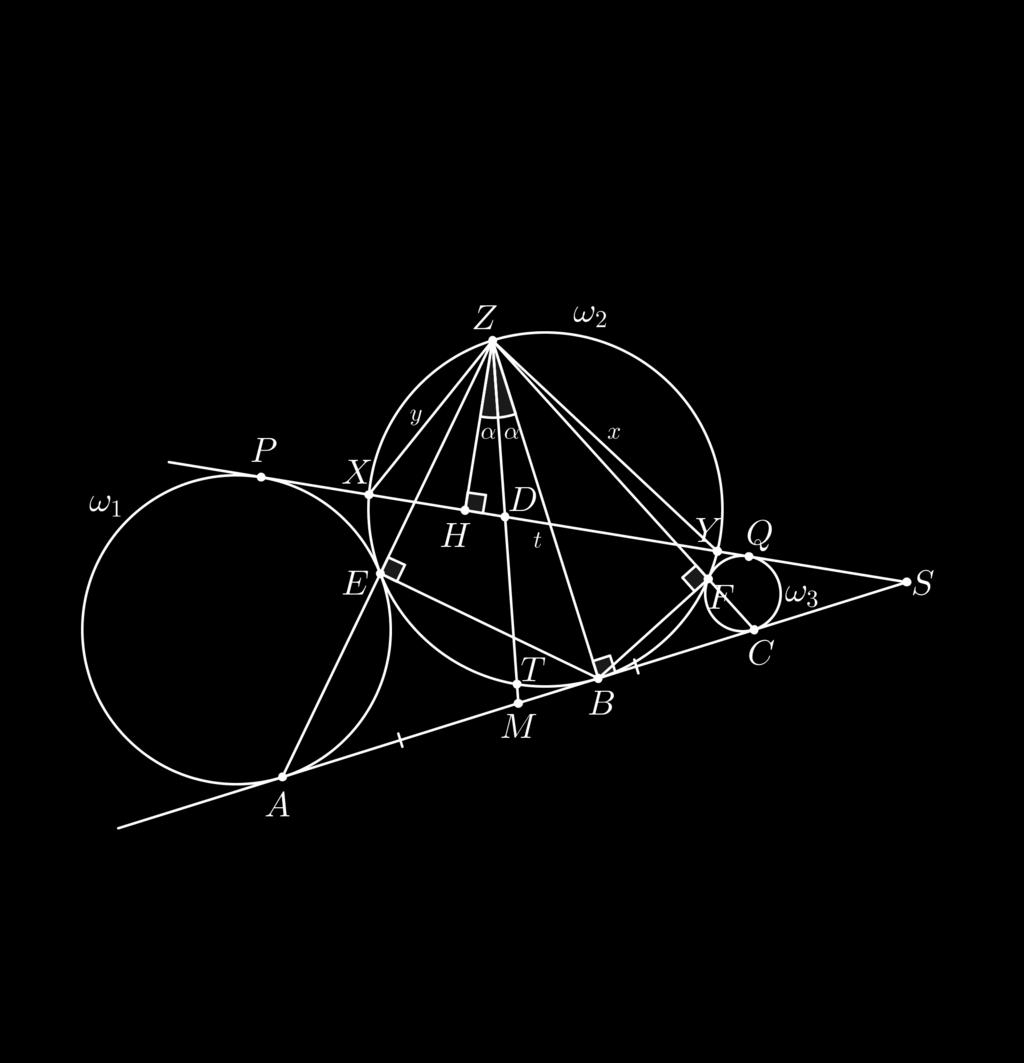 According to the equations (1), (2) we can say that ZT is the radical axis of ω 1, ω 3. Therefore, if M is the midpoint of AC then Z, T, M are collinear because M lies on radical axis of ω 1, ω 3 too.