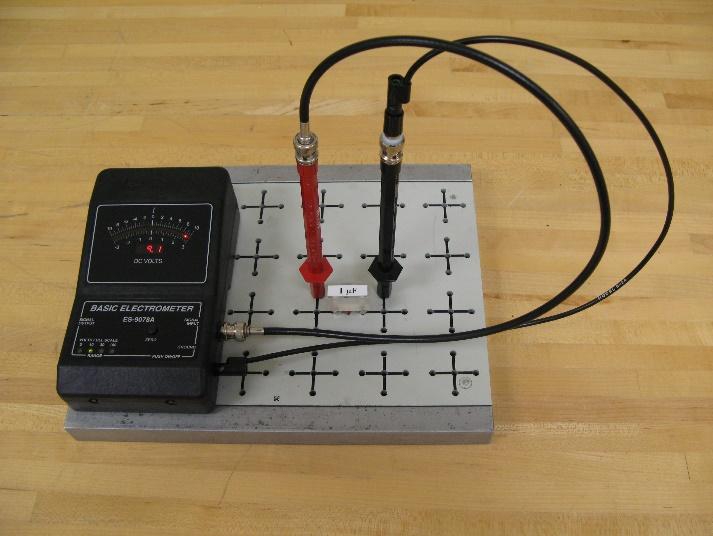 Connect the black probe to the electrometer Ground port via a black banana cable and a BNCbanana adapter (shown at bottom right). Press the ON-OFF button to turn on the electrometer.