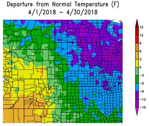 Figure 5. April 2018 and February-March-April 2018 Departure from Normal Temperature (deg F). Source: High Plains Regional Climate Center, http://www.hprcc.unl.edu/.