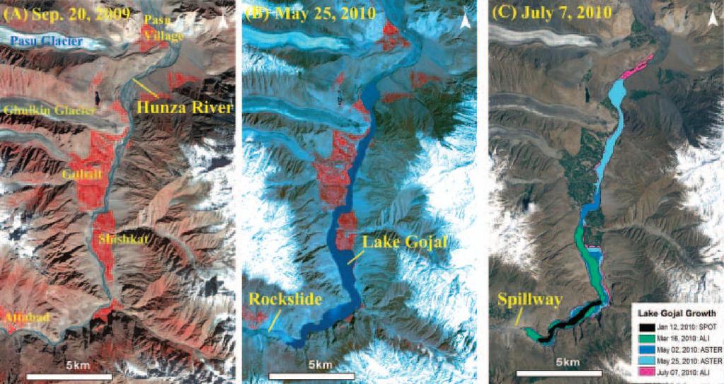 Fig. 1. Lake Gojal. (a) Prelandslide Advanced Spaceborne Thermal Emission and Reflection Radiometer (ASTER) false-color image mosaic of the Hunza Valley.