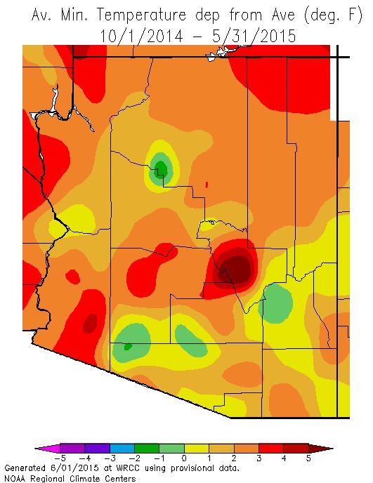 2015 Water Year The water year minimum temperatures have continued 1-4 o F warmer than average statewide, with Gila County as much as 5 o F warmer than