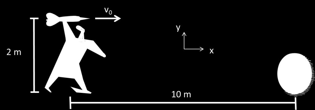 The following 2 questions concern the same physical situation: A person is throwing a dart from a height of 2 m relative to the ground and with the initial velocity of v 0 horizontally (i.e. in the positive x direction).