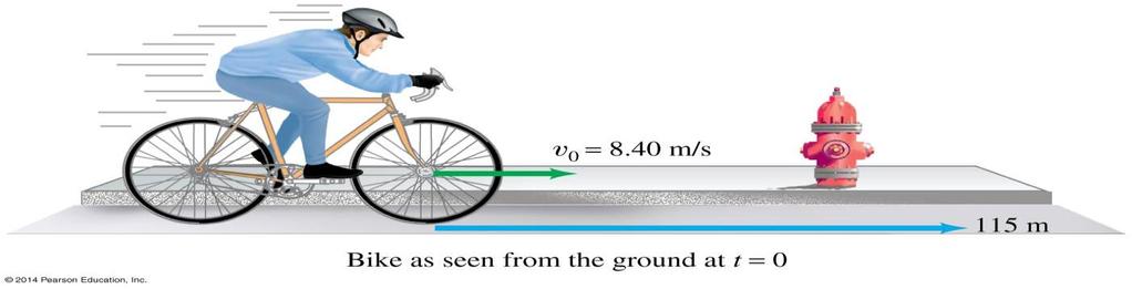 Example 8-7 Bicycle. A bicycle slows down uniformly form v o =8.40m/s to rest over a distance of 115m. Each wheel and tire has an overall diameter of 68.0cm.