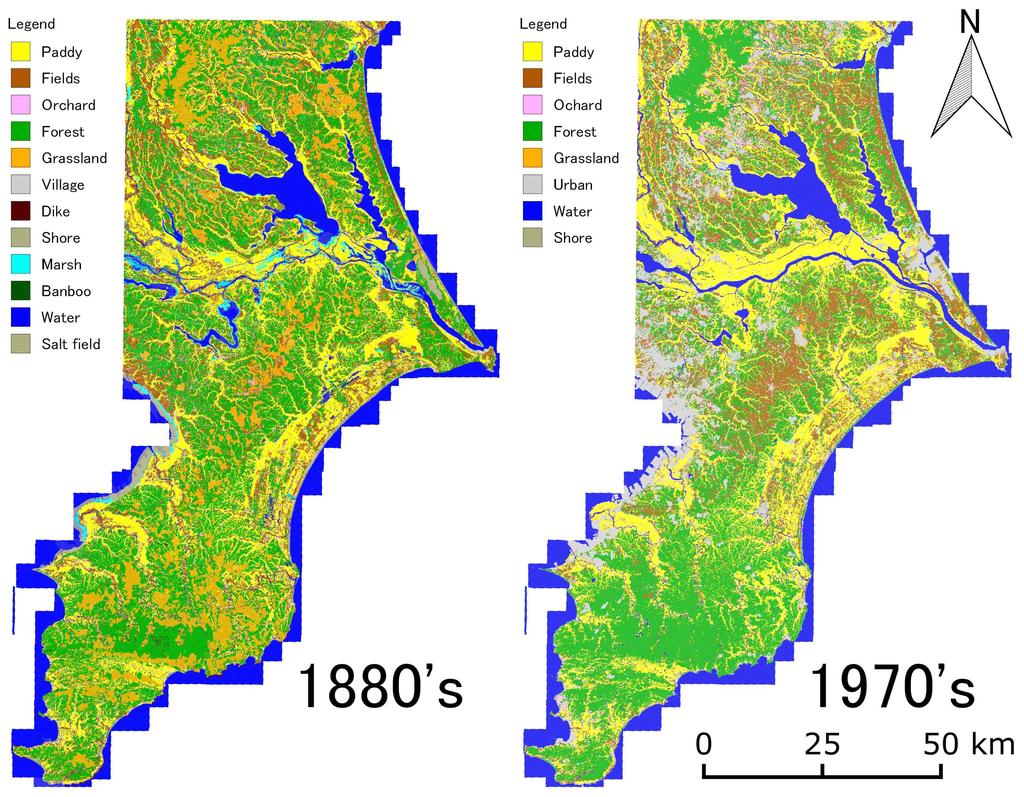 Figure 5. Land use mapns in 1880's and 1970's 4. Dissemination data as Open Data To examine an effective methods for disseminating data, a subset of the constructed database had been published.