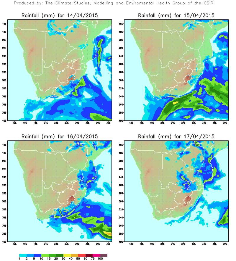 Daily rainfall and temperatures across South Africa Daily rainfall (mm) for 14-17 April 2015 Rain and showers will occur along the southern to eastern