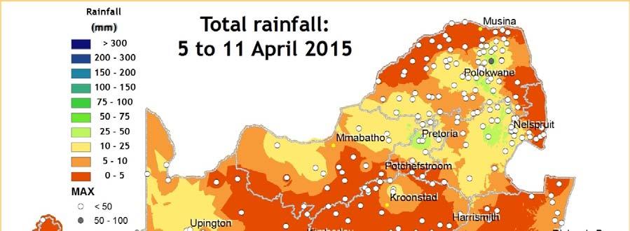 Overview of conditions during the previous weeks over South Africa: Rainfall Large parts of North