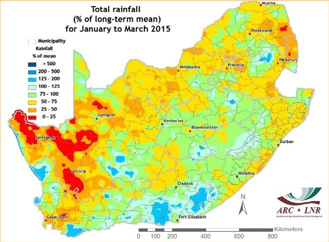 Rainfall: January-March 2015 compared to January-March 1992 and 2007 Rainfall during January-March (JFM) 2015 was normal to below-normal (top map) over many areas, including the important maize