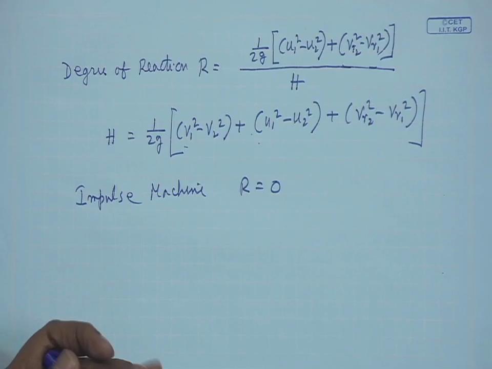 (Refer Slide Time: 32:28) And at the end I will tell you in a impulse and reaction machine to differentiate these 2, any machine we define a degree of reaction, we define degree of reaction as,