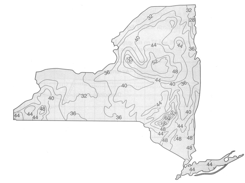 7. Base your answer to the following question on the isoline map below, which shows the average yearly precipitation, in inches, across New York State.