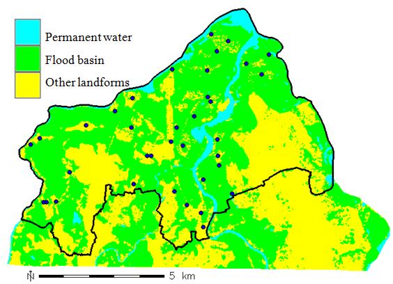from water class in land cover map in 2014. Natural levee usually does not change in several years, therefore it was kept as same in landform map 2007.