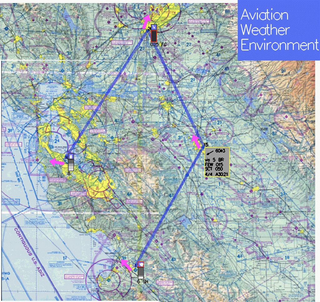 Figure 8: Route METARs and winds aloft shown alongside a pilot-selected route. A pink arrow graphically depicts the wind direction. The number alongside the arrow represents the wind speed.