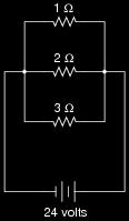 23. In circuit below, three resistors receive the same amount of voltage (24 volts) from a single source.