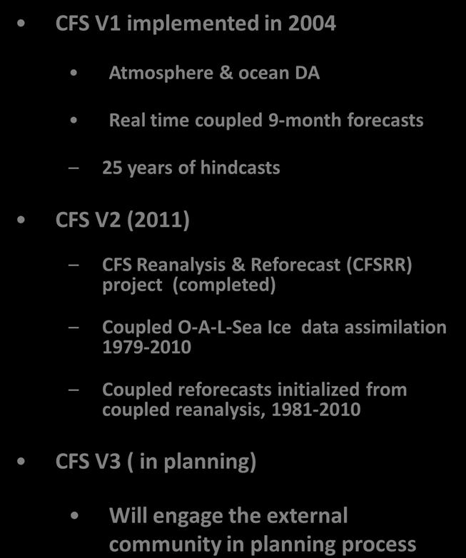 CFS Improvements Goal To accelerate evaluation of and improvements to the operational Climate Forecast System (CFS) to