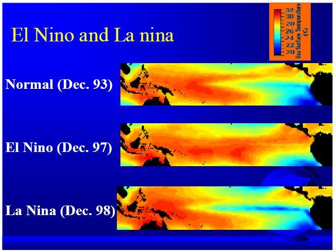 ENSO E`l Niño, which occurs every 2 to 7 years, is an abnormal warming of the eastern Pacific waters that interferes with the normal trade wind patterns.