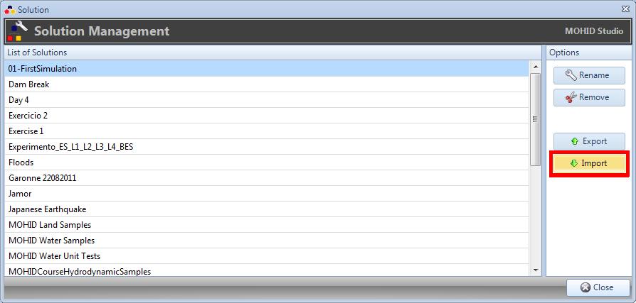 Figure 2-4: Solution Management Window In the Solution Import Window, Project File Name browse for the ZIP file called MOHID Land