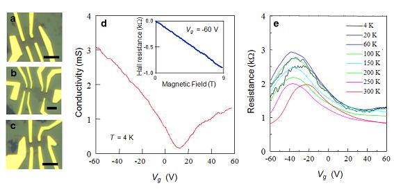 Measuring electric transport properties in single layer graphene samples Fig. S6. Single layer graphene device images and their electric characteristics. a-c.