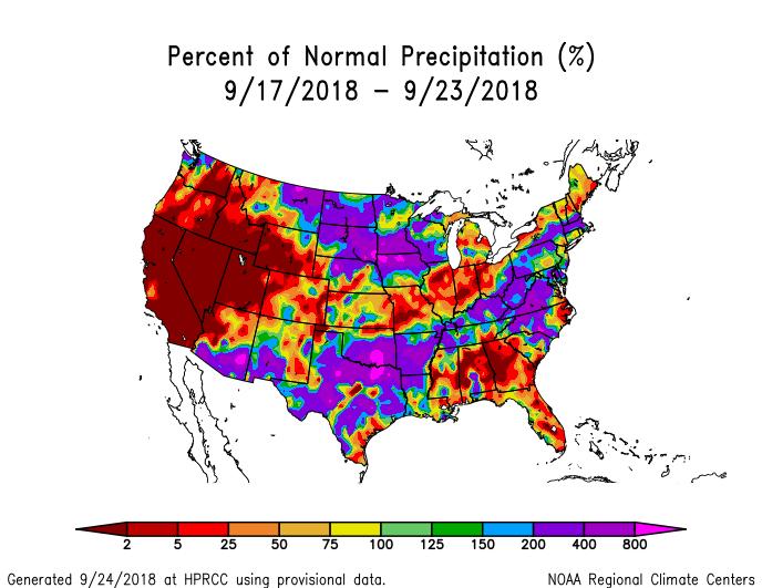 Weather The map summarizes rainfall over the past week to Monday. Rains from North Carolina northward to New England were associated with the remnants of Hurricane Florence.