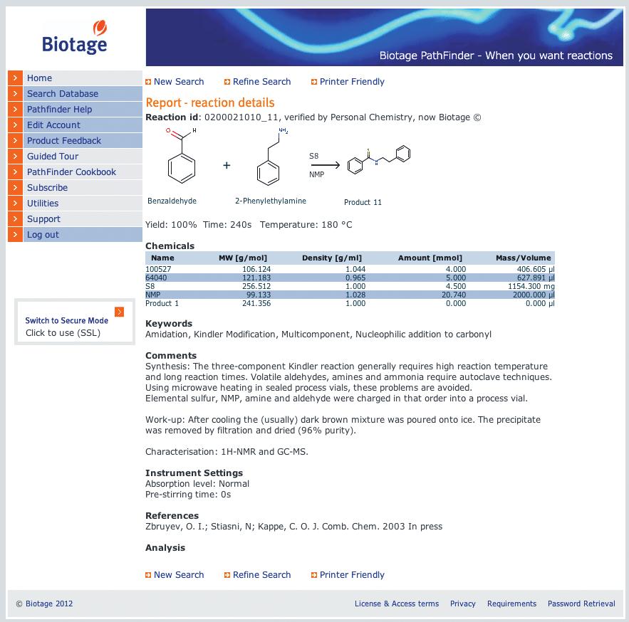 Starting conditions for microwave reactions; full documentation on solvent, additives and substrates, equivalents, method notes, work-up, and more. Fast and easy to compare hits and select conditions.