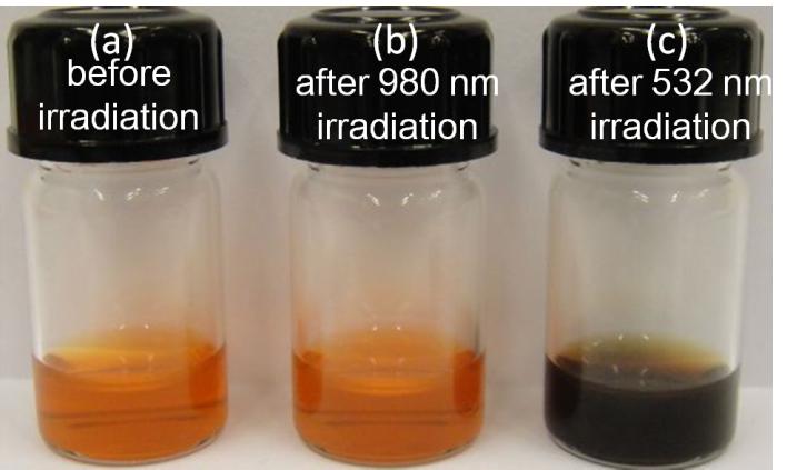 Fig. S7. Digital photos of 1.5 ml of a ph 7.0, 0.1 M phosphate buffer solution containing Na 2 S 2 O 8 (0.1 M), UCNPs/Pt(II)-TCPP (1.