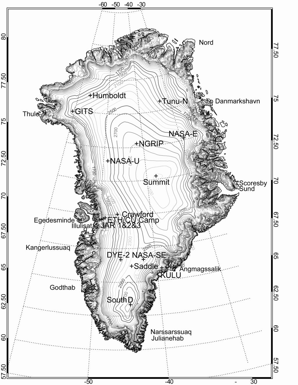 Map of Greenland, showing elevation and the location of GC- Net automatic weather stations (+), expedition stations (x), and coastal