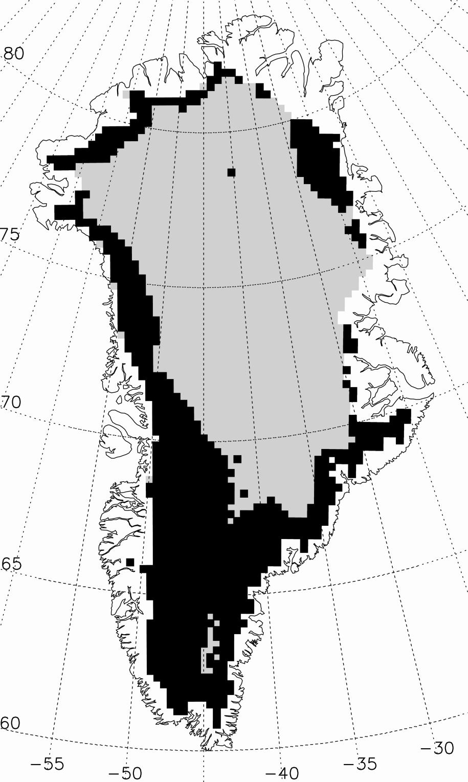 Surface melt extent (black areas) for the summer of 1999 based on satellite