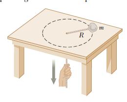 Problem 6: A string under a tension of 50.0 N is used to whirl a rock in a horizontal circle of radius 2.50 m at a speed of 20.4 m/s on a frictionless surface as shown in Figure.