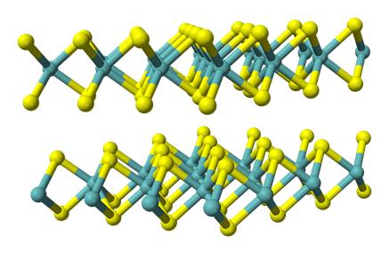 Figure 2 Crystal structure of MX 2 where the blue sphere is the metal atom and the orange sphere is the chalcogenide atom. Top left diagram is the trigonal prismatic molecular geometry.