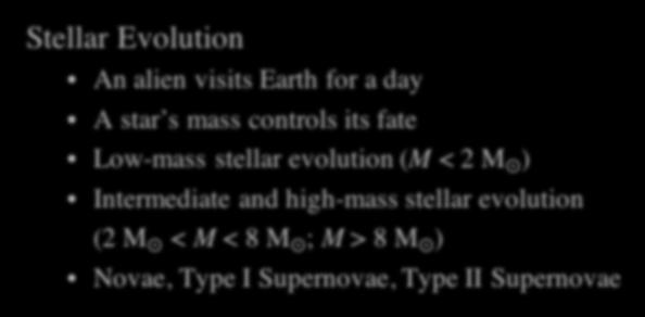 Today s Topics Stellar Evolution An alien visits Earth for a day A star s mass controls its fate Low-mass stellar evolution