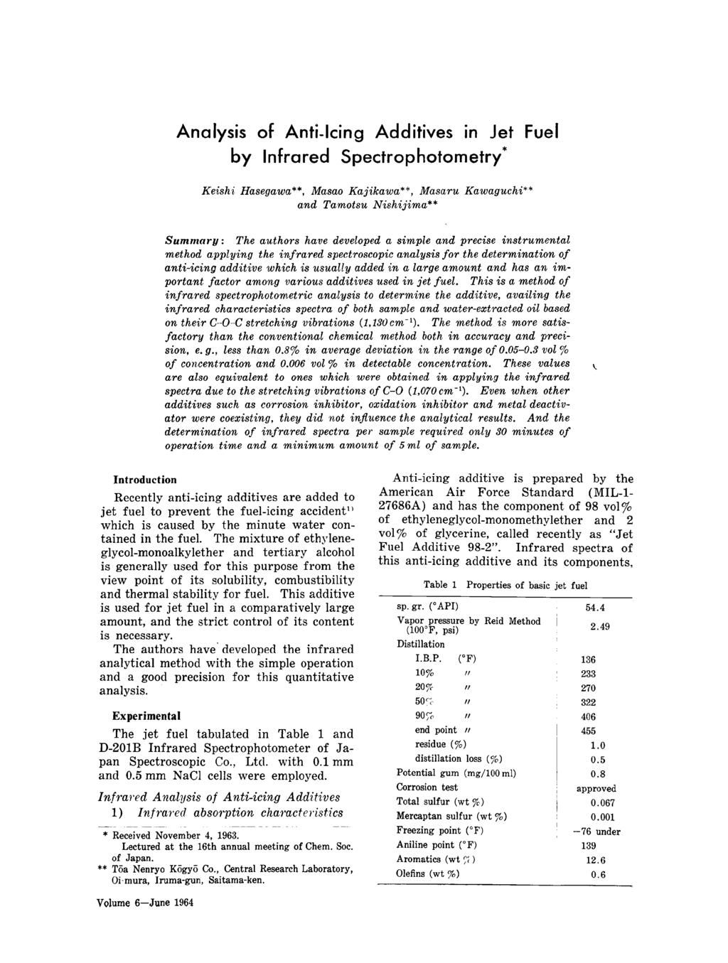 Analysis of Anti-Icing Additives in Jet Fuel by Infrared Spectrophotometry* Keishi Hasegawa**, Masao Kajikawa**, Masaru Kawaguchi** and Tamotsu Nishijima** Summary: The authors have developed a