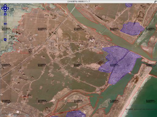 After earthquake at Natori (Sendai plain) Purple area - Area destroyed area Red