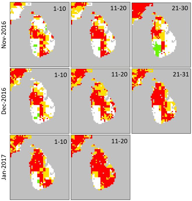 Figure 8: Spatial distribution of decadal soil moisture anomalies over Sri Lanka (produced by JRC but not available in GDO). The colour scale is the same as in Figure 7.