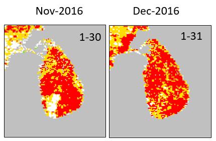 Figure 9: Spatial distribution of monthly Land Surface Temperature (LST) anomalies over Sri Lanka (produced by JRC but not available in GDO). The colour scale is the same as in Figure 7.