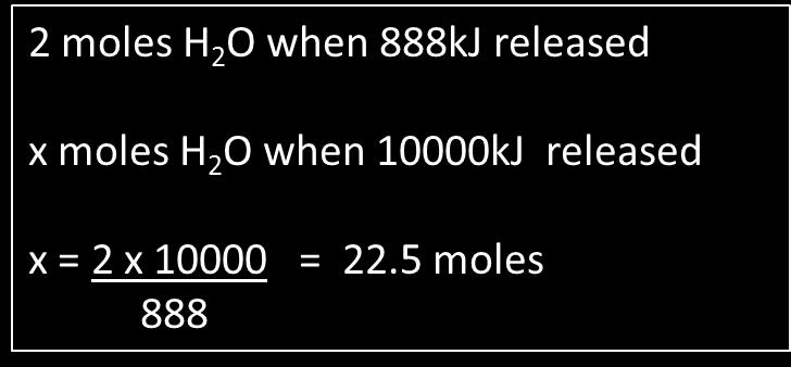 Thermochemical Equation Example 2 CH 4 + 2O 2 CO 2 + 2H 2 O r H = -888kJmol -1 Calculate the amount (in moles) of H 2 O produced when the reaction above releases 10,000kJ.