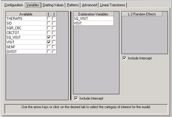 The Variables screen is used to specify the fixed and random effects to be included in the model.