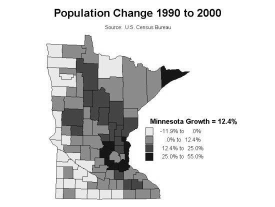 25. Based on the map below (Population Change 1990 to 2000), which statement below BEST describes the population change that occurred in Minnesota from 1990 to 2000? a.