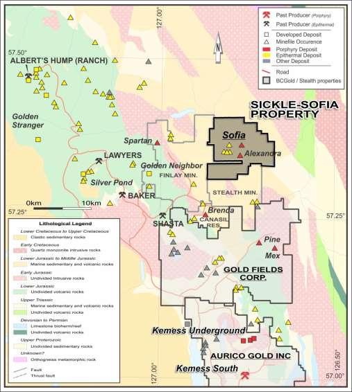 Sickle-Sofia Property Toodoggone Camp Jointly owned by BCGold Corp (51%) & Stealth Minerals (49%).