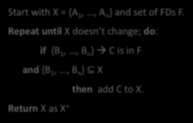 Closure Algorithm Start with X = {A 1,, A n } and set of FDs F.